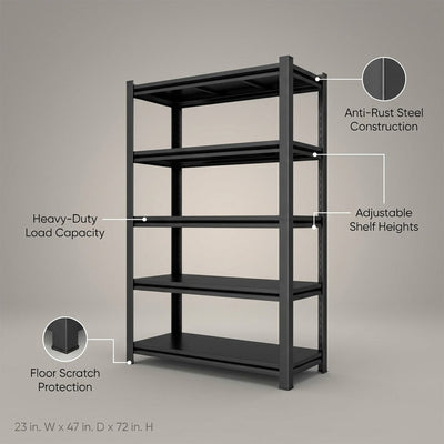 5-Tier Metal Shelves Heavy Duty Storage Shelves Adjustable Garage Shelf in Black (23 In. W X 72 In. H X 47 In. D)