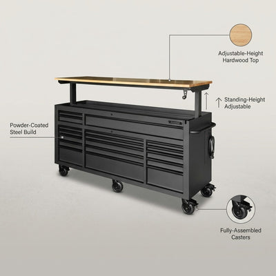 72 In. W X 24 In. D Heavy-Duty 18-Drawer Matte Black Mobile Workbench Tool Chest with Adjustable-Height Hardwood Top