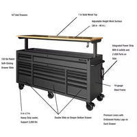 72 In. W X 24 In. D Heavy-Duty 18-Drawer Matte Black Mobile Workbench Tool Chest with Adjustable-Height Hardwood Top