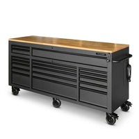 72 In. W X 24 In. D Heavy-Duty 18-Drawer Matte Black Mobile Workbench Tool Chest with Adjustable-Height Hardwood Top — Studio Shot
