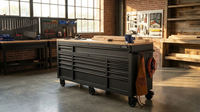 72 In. W X 24 In. D Heavy-Duty 18-Drawer Matte Black Mobile Workbench Tool Chest with Adjustable-Height Hardwood Top — Lifestyle